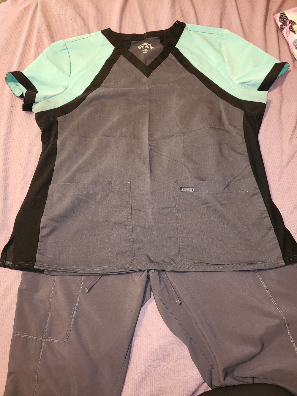Sanibel Scrubs V-Neck Medical Top in Charcoal with Black Trim With Matching Pant